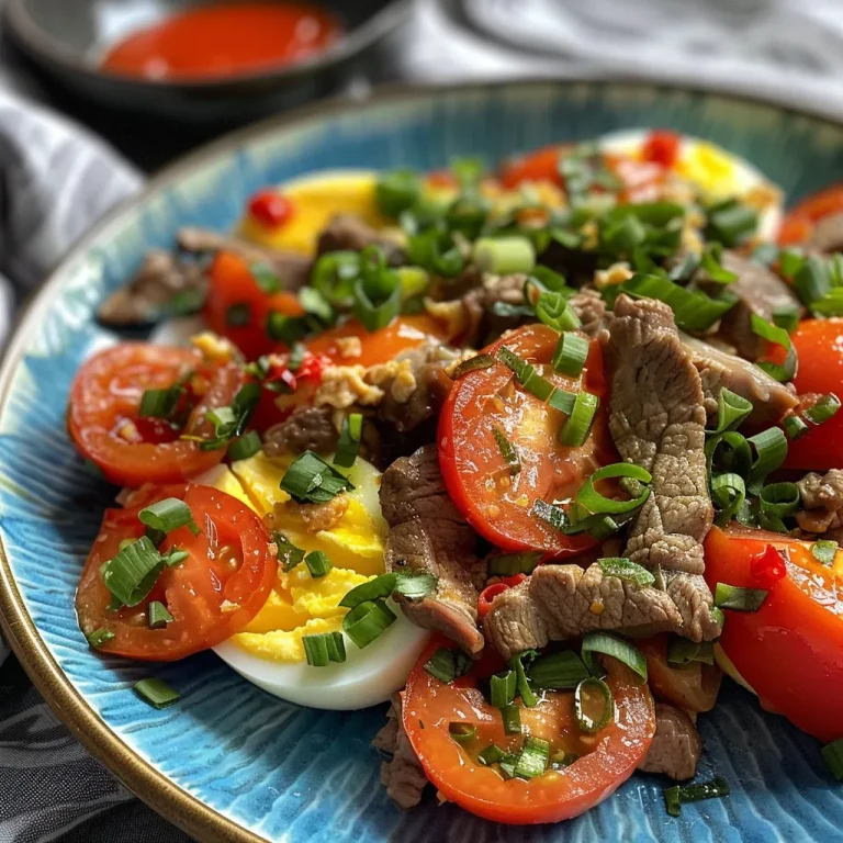 A Family Feast The Vibrant Tomato Egg Stir-Fry with Beef That Unites Us All Close-up view of a vibrant Tomato Egg Stir-Fry with Beef, showcasing juicy pieces of beef and bright tomatoes.