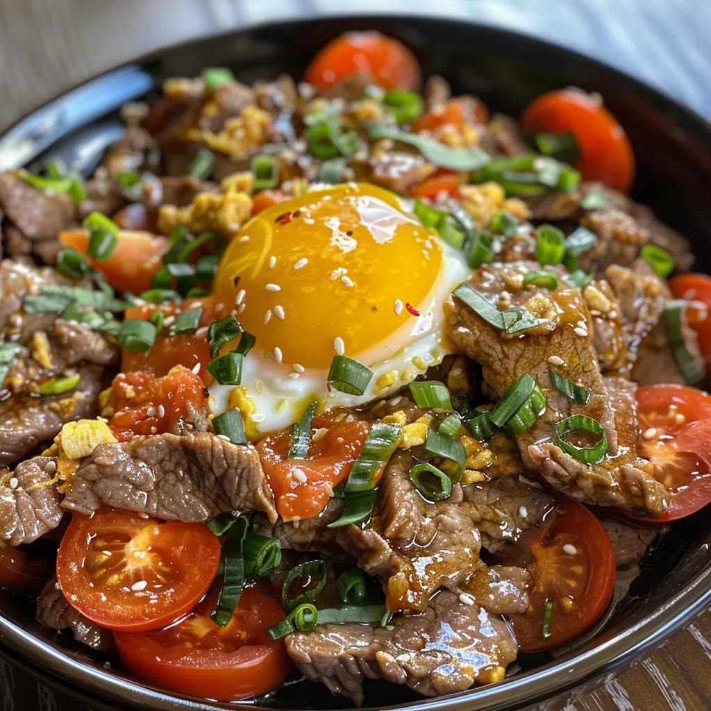 Side angle of Tomato Egg Stir-Fry with Beef, highlighting the glossy sauce and tender eggs mixed with vegetables.