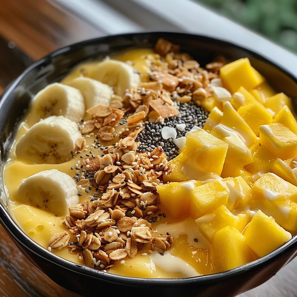 Close-up view of a smoothie bowl with bright orange mango and yellow pineapple toppings.