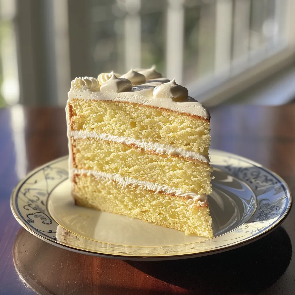Side angle photo of a vanilla cake highlighting the fluffy layers and creamy frosting.