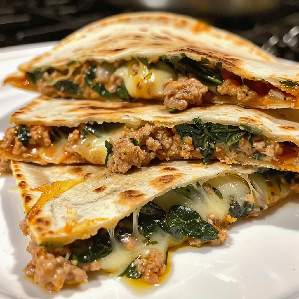 Close-up side view of golden-brown quesadillas garnished with cilantro.