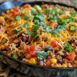 Close-up of a Cheesy Taco Rice Skillet with melted cheese and colorful ingredients.