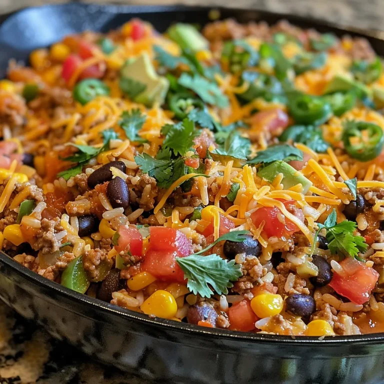 Close-up of a Cheesy Taco Rice Skillet with melted cheese and colorful ingredients.