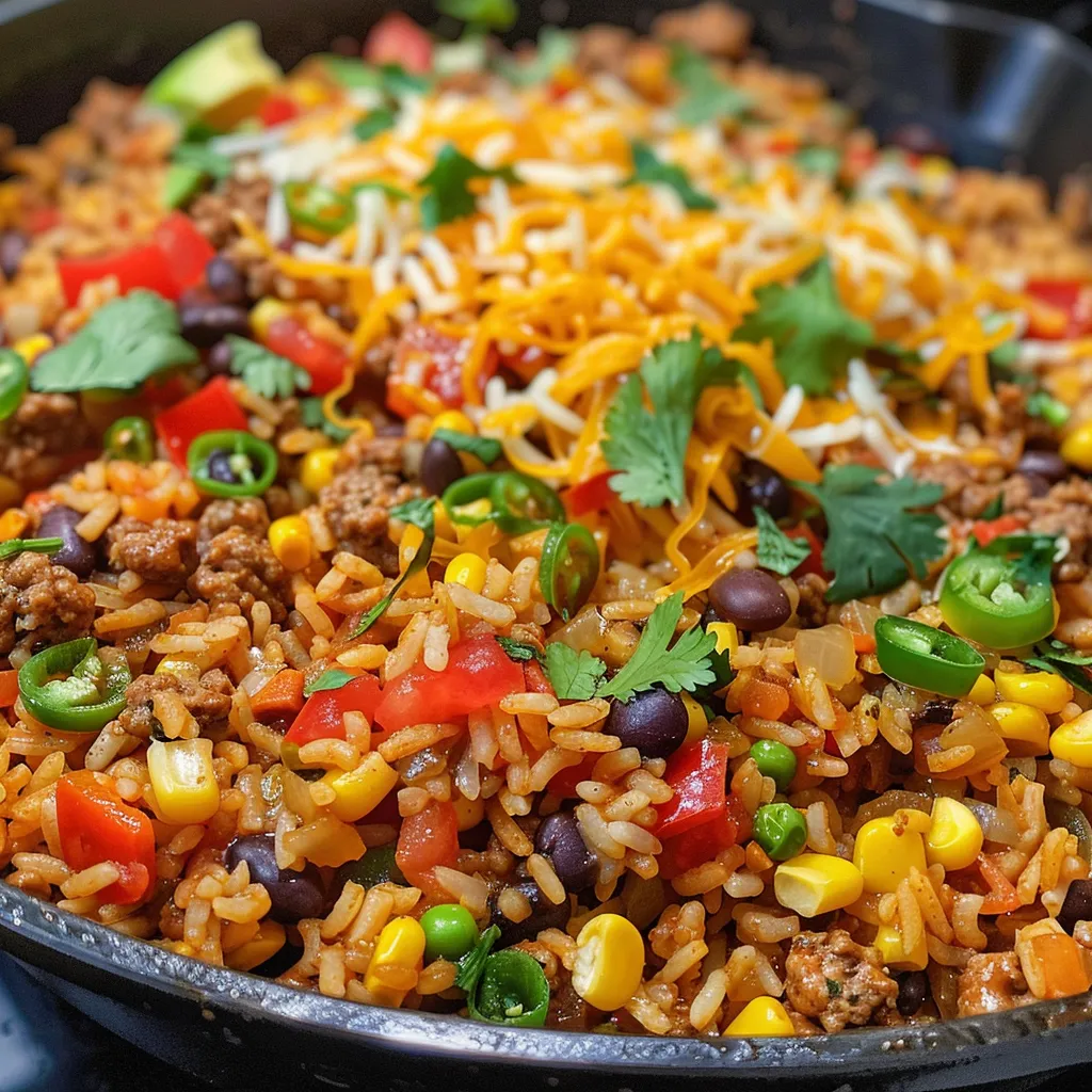 Juicy Cheesy Taco Rice Skillet presented in a skillet, highlighting the creamy texture and vibrant colors.