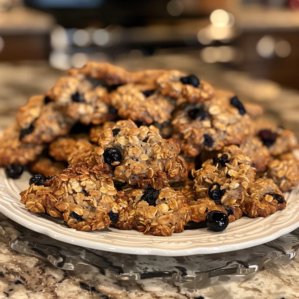 Side view of delicious Blueberry Balsamic Oat Cookies with blueberries scattered around.