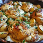 Close-up of creamy herb chicken and golden baby potatoes on a plate.