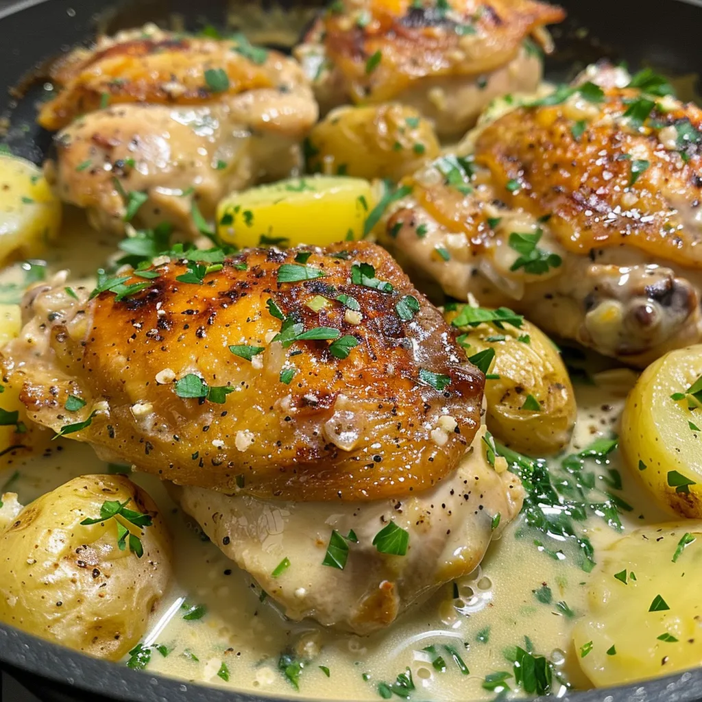 Juicy chicken breasts with fresh herbs and halved potatoes in a creamy sauce.