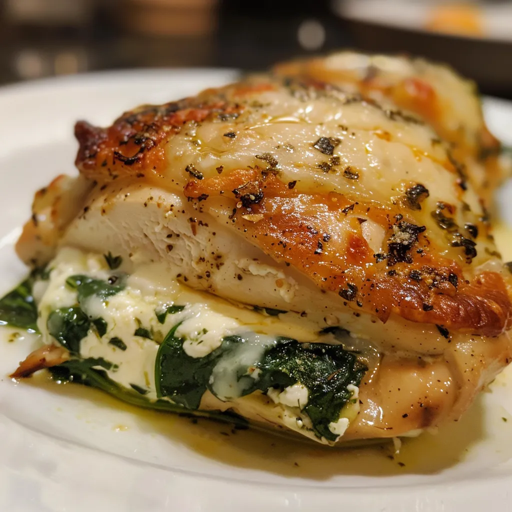Side view of Spinach Ricotta Stuffed Chicken with herbs and cheese oozing from the center.
