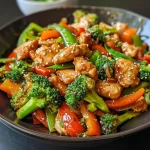 Close-up side view of stir-fried chicken with vegetables.