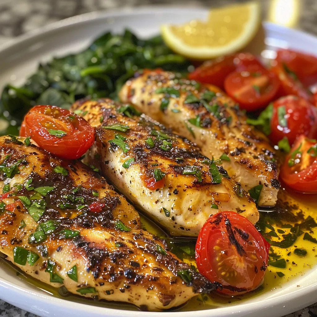 Juicy Marry Me Chicken in creamy sauce with cherry tomatoes and spinach.