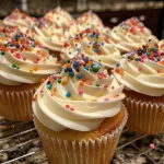 Close-up view of delectable vanilla cupcakes with creamy frosting.