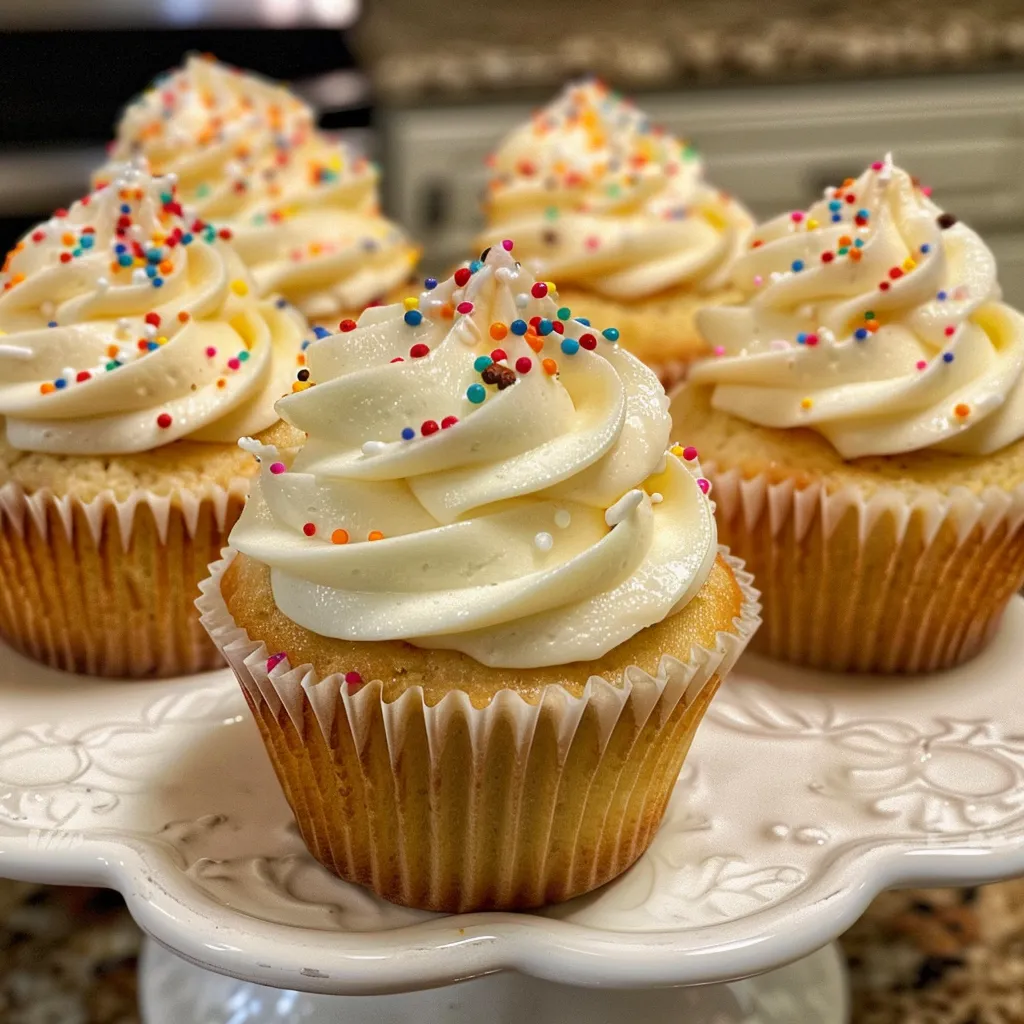 Side view of freshly baked vanilla cupcakes topped with smooth icing.