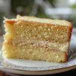 Close-up side view of a moist vanilla sponge cake with a golden-brown crust.