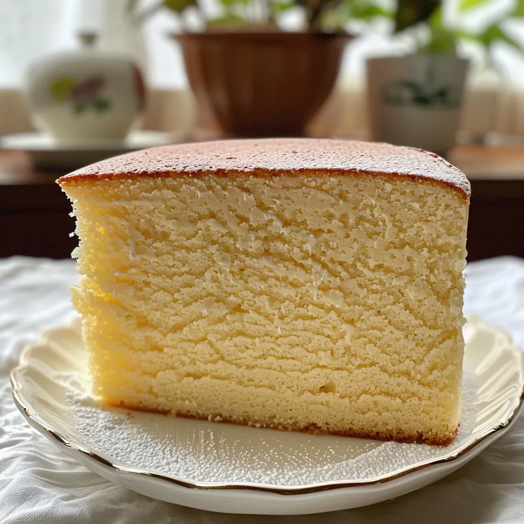 A slice of fluffy vanilla sponge cake displaying its soft texture and light color.