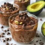 Close-up view of creamy vegan chocolate avocado mousse in a small bowl.