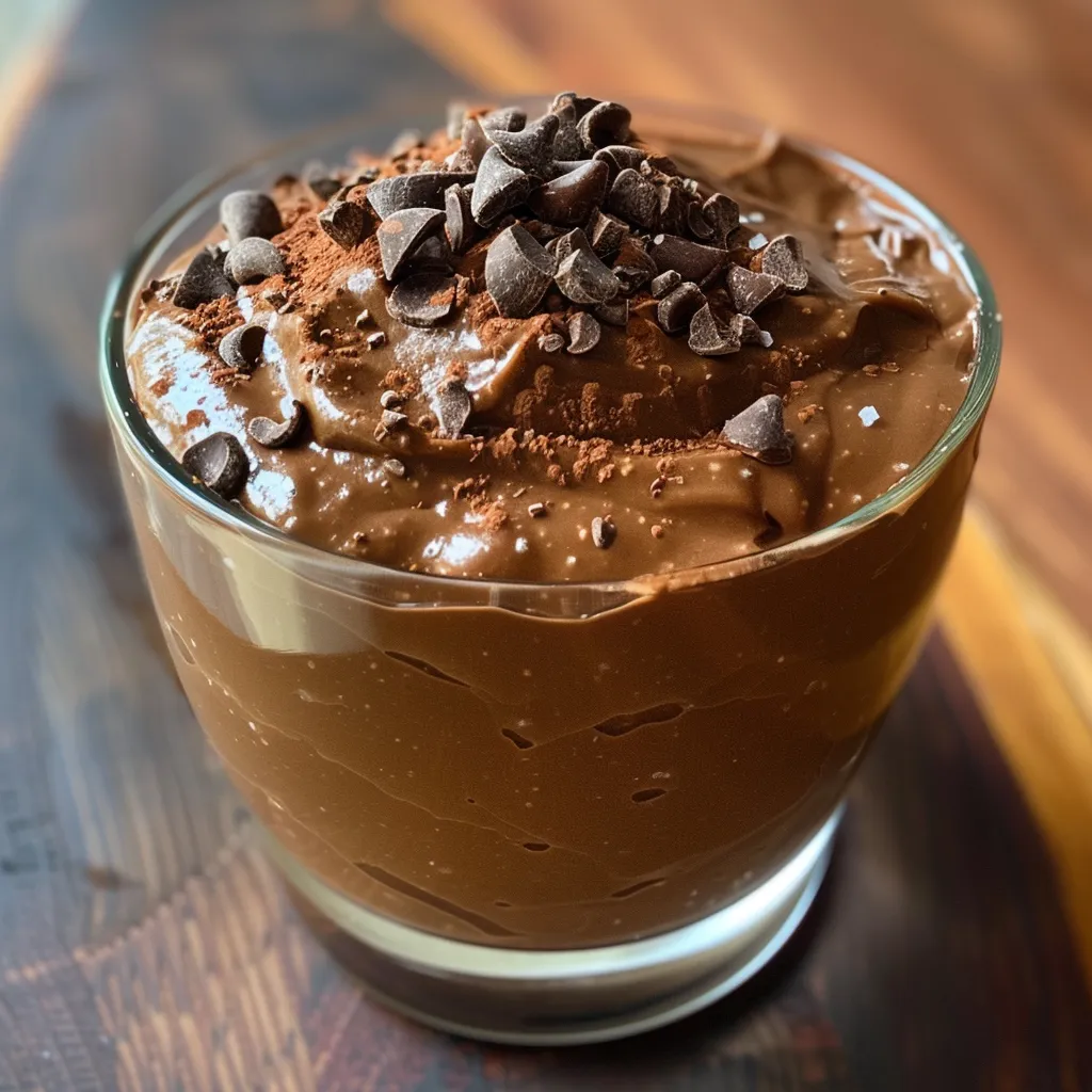 Side view of a rich, dark vegan chocolate mousse made from avocados.