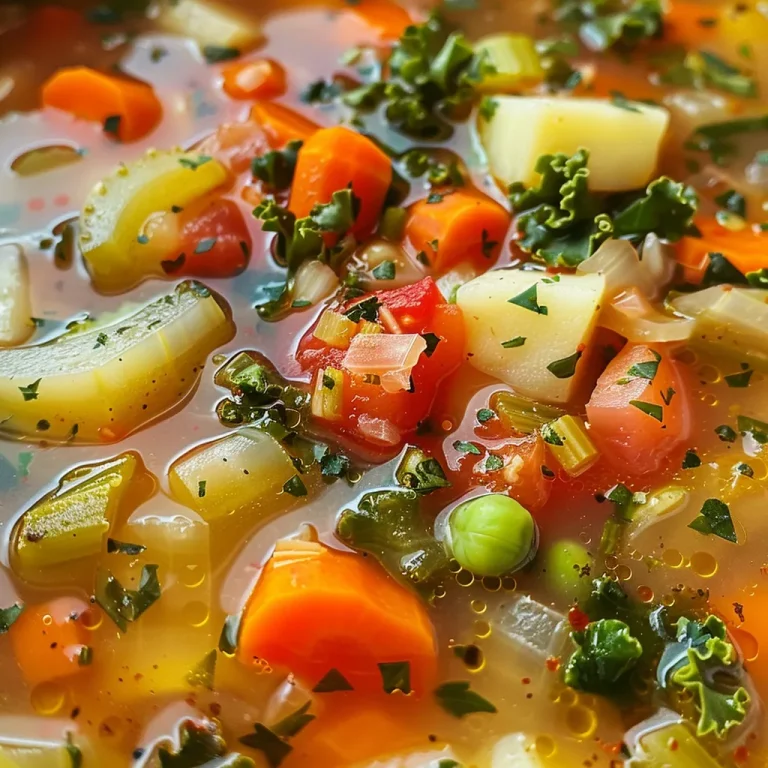 The Heartwarming Vegetable Soup That Feeds the Soul Close-up view of a bowl of vegetable soup with colorful vegetables.