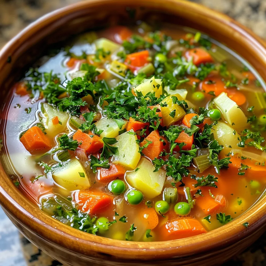 Side view of a steaming bowl of vegetable soup featuring carrots, kale, and tomatoes.