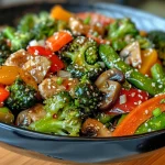 Close-up view of a colorful vegetable stir fry with bright broccoli, carrots, and bell peppers.