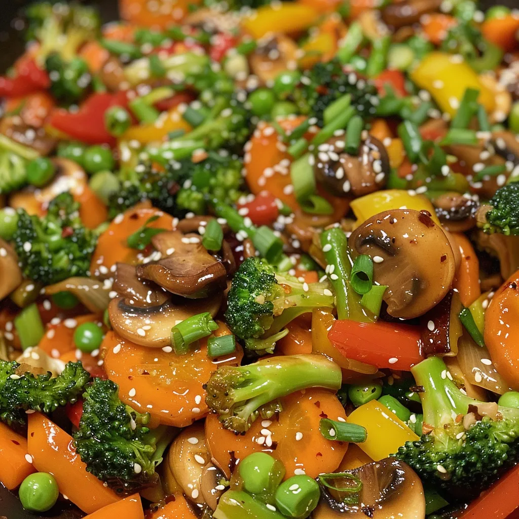 Juicy vegetable stir fry featuring sliced mushrooms, sugar snap peas, and fresh green onions.