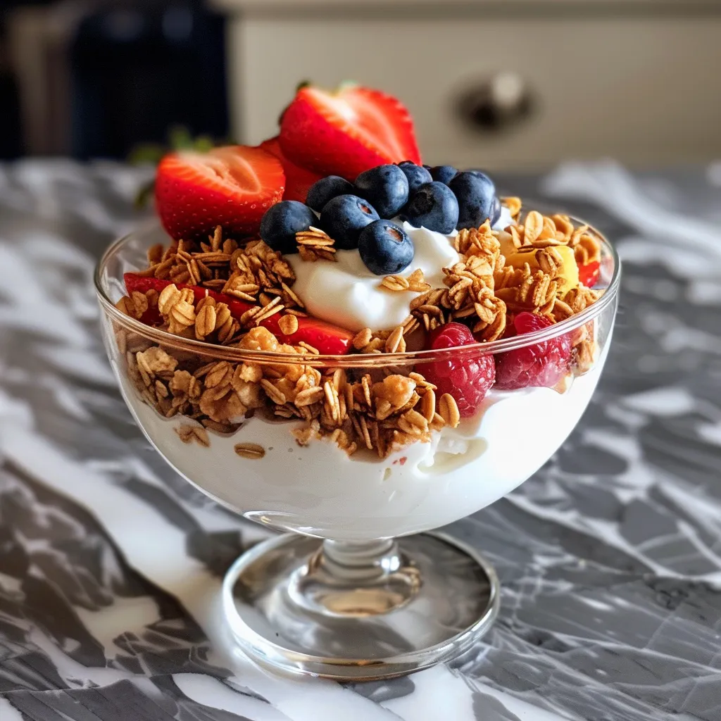Side view of a yogurt parfait showcasing colorful layers of fruit and crunchy granola.