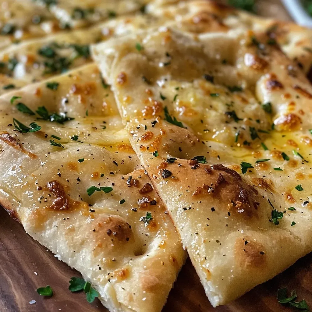 Close-up view of a golden-brown garlic flatbread on a rustic wooden table.