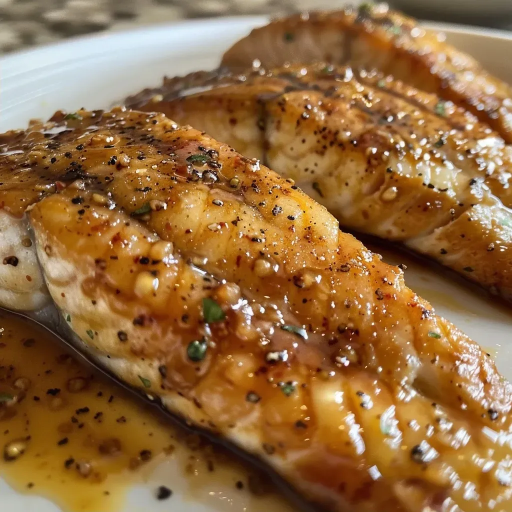 ['A close-up view of juicy teriyaki tilapia fillets served on a white plate.', 'Side view of grilled tilapia coated in teriyaki sauce with garnishes.', 'Juicy air-fried teriyaki tilapia fillets displayed beautifully on a rustic table.', 'A mouthwatering side profile of tilapia fillets drizzled with teriyaki sauce.']