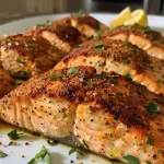 ['Close-up view of baked Cajun salmon fillet seasoned with spices.', 'Juicy baked salmon with a Cajun spice rub, served on a plate.', 'Side view of a delicious baked salmon fillet, glistening with seasoning.', 'Freshly baked Cajun salmon fillet with lemon garnish, ready to serve.']