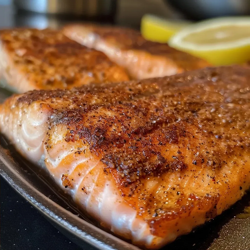 Close-up view of baked Cajun salmon fillet seasoned with spices.