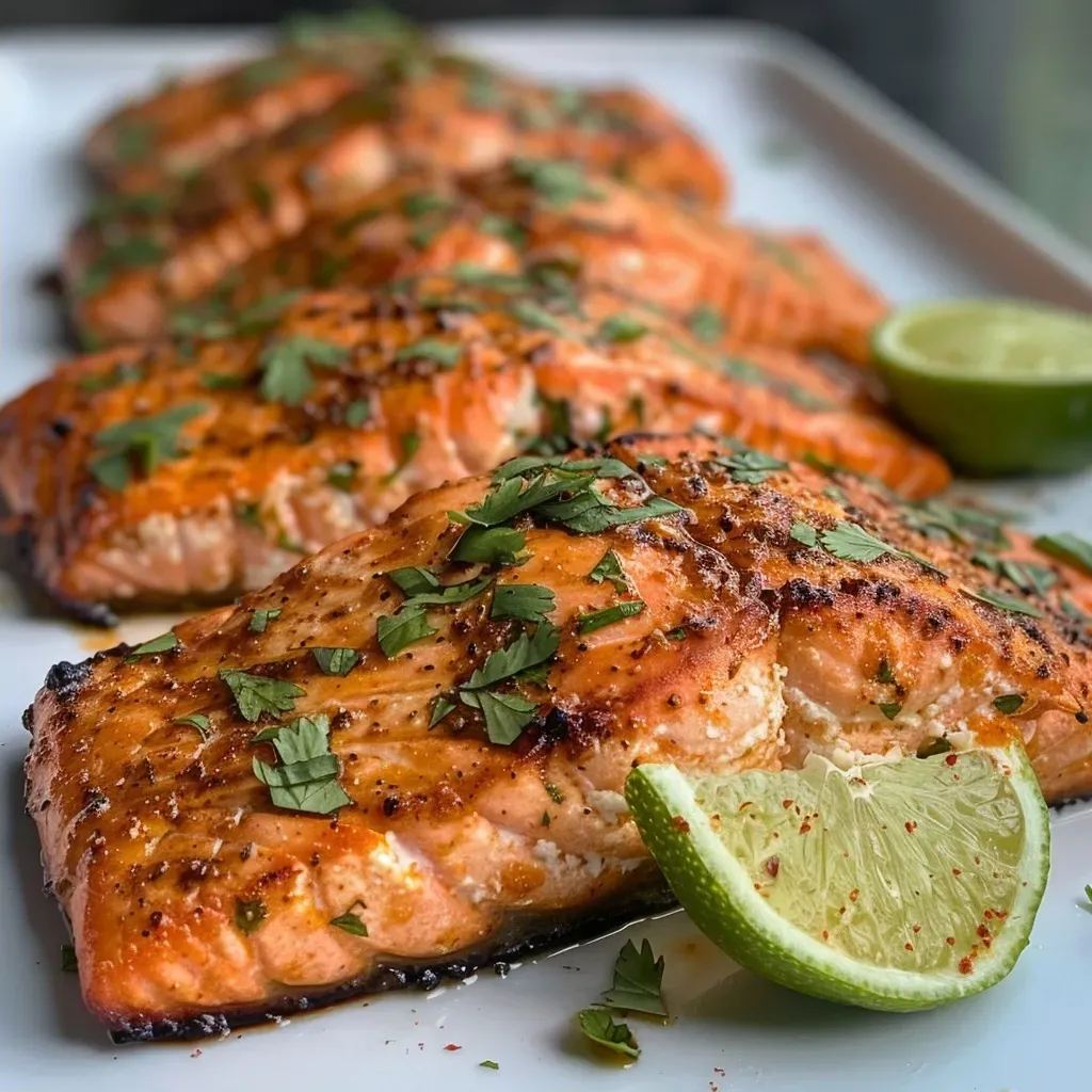 ['Close-up view of juicy baked chipotle salmon with a vibrant glaze.', 'Side view of tender chipotle-marinated salmon fillet garnished with herbs.', 'Detailed shot of baked salmon with glistening chipotle sauce and lime slices.', 'Juicy chipotle salmon fillet served on a plate, showcasing its smoky flavor.']