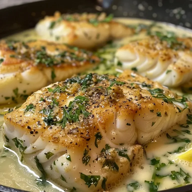 ['Close-up of baked cod fillet drizzled with coconut lemon cream sauce, garnished with herbs.', 'Side view of golden baked cod in a creamy white sauce, with lemon slices and herbs.', 'Juicy baked cod topped with a thick coconut lemon cream sauce, displayed on a plate.', 'Deliciously plated cod fillet in coconut lemon sauce, emphasizing texture and color.']