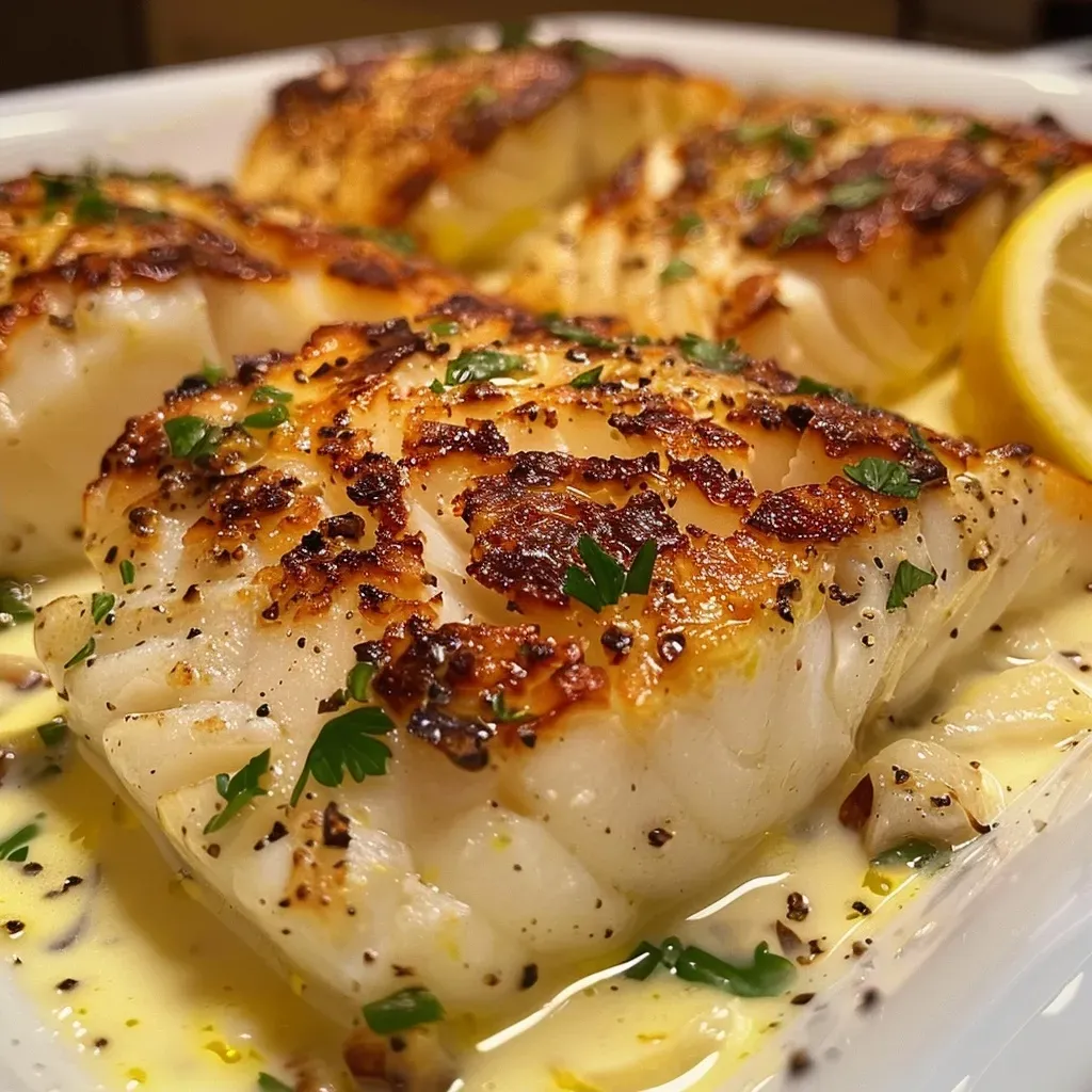 Close-up of baked cod fillet drizzled with coconut lemon cream sauce, garnished with herbs.