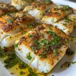 ['Close-up of juicy baked cod fillet garnished with fresh parsley and lemon slices.', 'Side view of a baked cod dish drizzled with olive oil and sprinkled with minced garlic.', 'Succulent baked cod with a golden crust, accompanied by lemon wedges and herbs.', 'Deliciously baked cod fillet arranged on a plate, showcasing its juicy texture and vibrant toppings.']