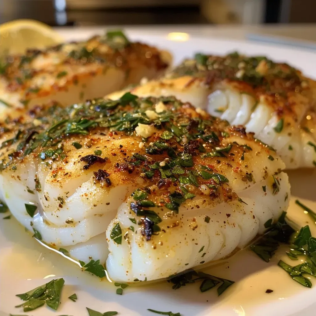 ['Close-up of juicy baked cod fillet garnished with fresh parsley and lemon slices.', 'Side view of a baked cod dish drizzled with olive oil and sprinkled with minced garlic.', 'Succulent baked cod with a golden crust, accompanied by lemon wedges and herbs.', 'Deliciously baked cod fillet arranged on a plate, showcasing its juicy texture and vibrant toppings.']