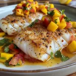 ['A close-up side view of baked cod fillet topped with colorful mango salsa.', 'Juicy baked cod garnished with diced mango and red pepper, presented on a plate.', 'A vibrant dish featuring baked cod and fresh mango salsa in a side profile view.', 'A succulent piece of baked cod with a bright mango salsa, captured in detail.']