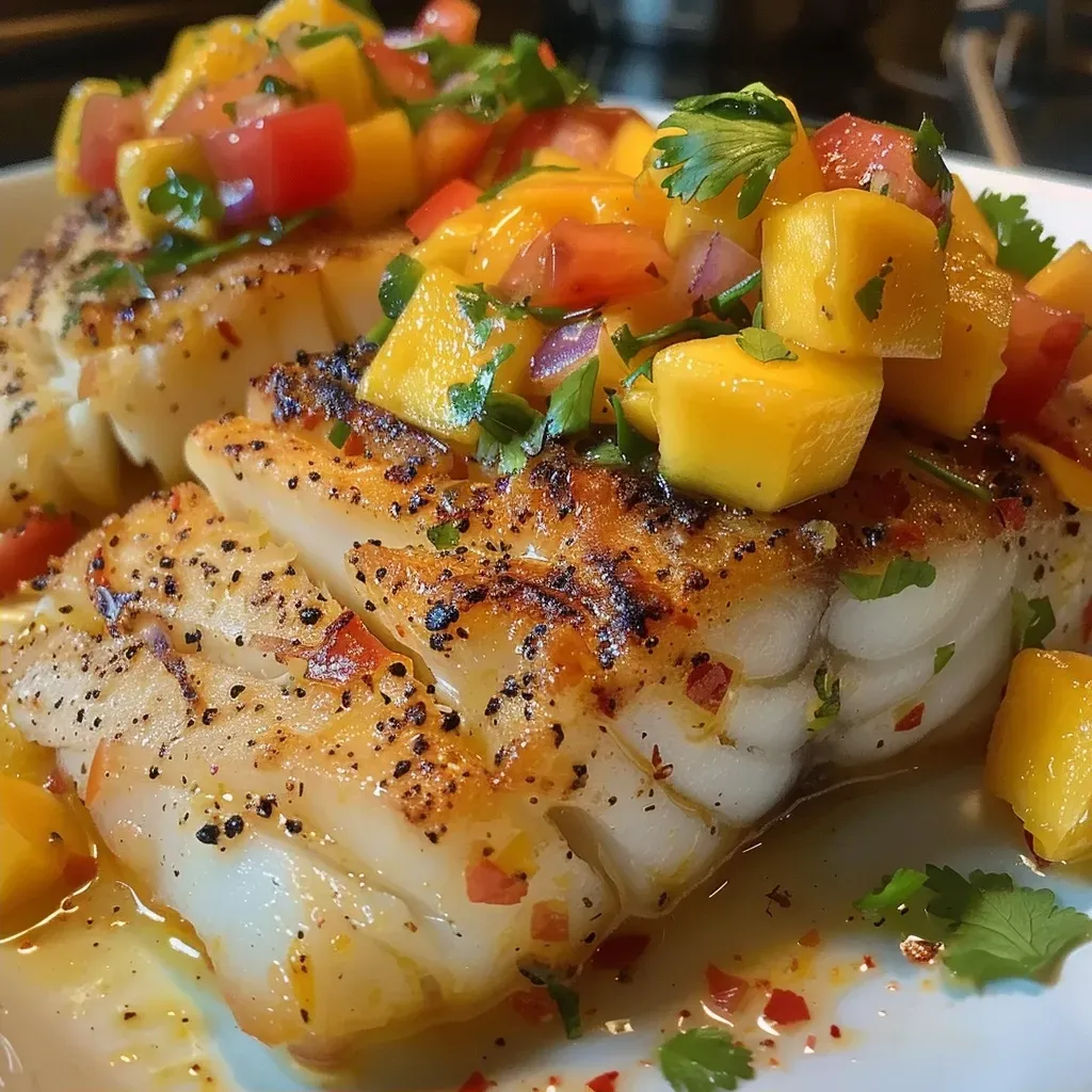 ['A close-up side view of baked cod fillet topped with colorful mango salsa.', 'Juicy baked cod garnished with diced mango and red pepper, presented on a plate.', 'A vibrant dish featuring baked cod and fresh mango salsa in a side profile view.', 'A succulent piece of baked cod with a bright mango salsa, captured in detail.']