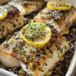 ['Close-up shot of a baked cod fillet alongside wild rice and sautéed zucchini.', 'Side view of a succulent baked cod served with wild rice and sliced zucchini.', 'Juicy baked cod dish featuring wild rice and garnished sautéed zucchini slices.', 'Delicious baked cod presentation with a side of wild rice and sautéed zucchini.']