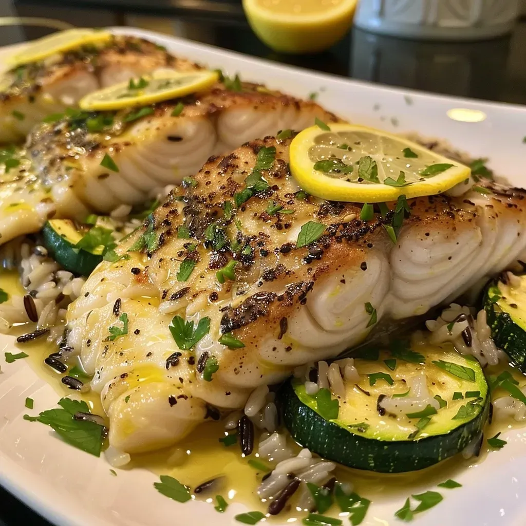 Close-up shot of a baked cod fillet alongside wild rice and sautéed zucchini.