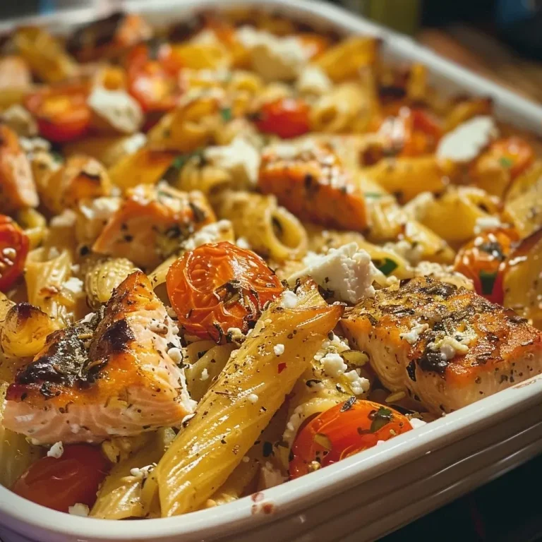 ['Close-up of baked feta pasta topped with salmon and cherry tomatoes.', 'A vibrant dish of baked feta pasta with salmon and minced garlic.', 'Side view of a creamy pasta dish featuring salmon and feta cheese.', 'Juicy baked feta pasta garnished with cherry tomatoes and cooked salmon.']