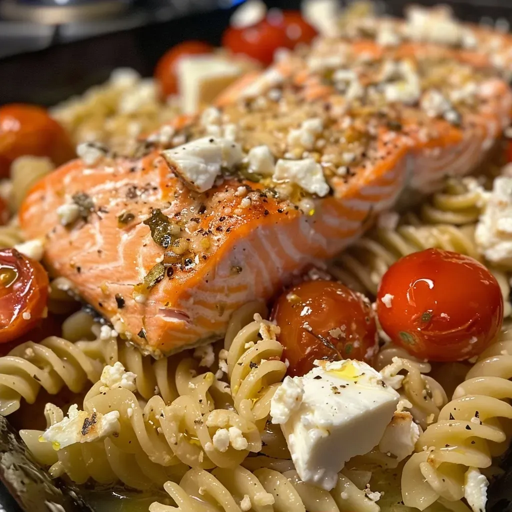 Close-up of baked feta pasta topped with salmon and cherry tomatoes.