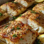 ['Juicy Baked Garlic Butter Cajun Cod garnished with parsley and lemon slices.', 'Close-up of seasoned cod fillets with a golden brown garlic butter glaze.', 'Side view of baked cod with Cajun seasoning resting on a white plate.', 'Freshly prepared cod filets drizzled with melted butter and spices.']