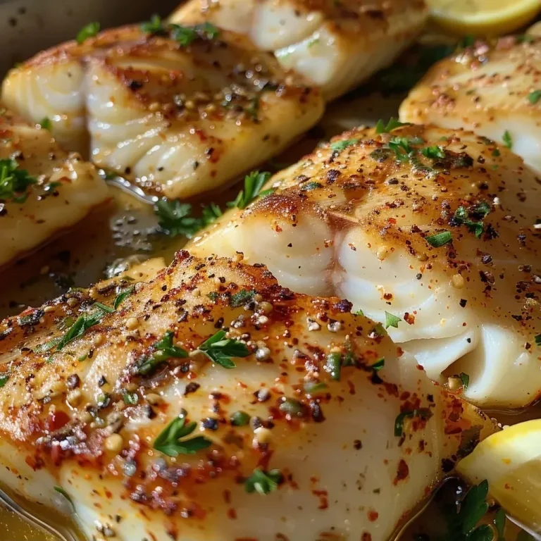 ['Juicy Baked Garlic Butter Cajun Cod garnished with parsley and lemon slices.', 'Close-up of seasoned cod fillets with a golden brown garlic butter glaze.', 'Side view of baked cod with Cajun seasoning resting on a white plate.', 'Freshly prepared cod filets drizzled with melted butter and spices.']
