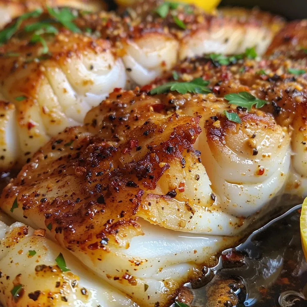 ['Juicy Baked Garlic Butter Cajun Cod garnished with parsley and lemon slices.', 'Close-up of seasoned cod fillets with a golden brown garlic butter glaze.', 'Side view of baked cod with Cajun seasoning resting on a white plate.', 'Freshly prepared cod filets drizzled with melted butter and spices.']