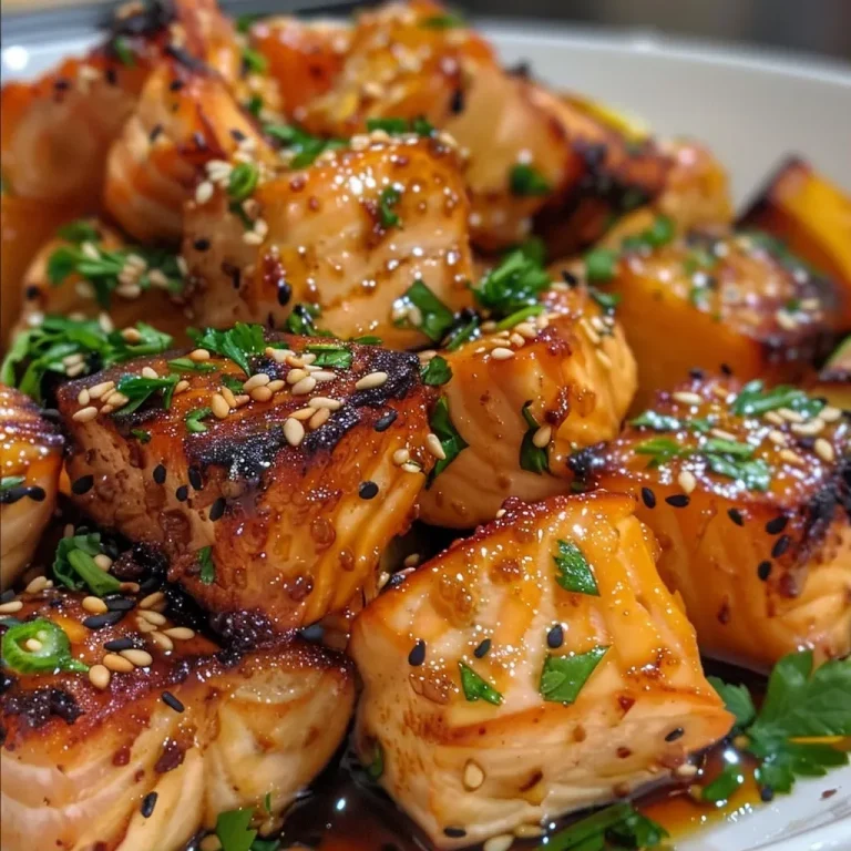 ['Close-up of Baked Honey Garlic Salmon Bites with sweet potato and Brussels sprouts, garnished with parsley and sesame seeds.', 'Juicy salmon bites glistening with honey garlic glaze, served with roasted sweet potato and halved Brussels sprouts.', 'A side view of golden salmon pieces alongside vibrant sweet potatoes and Brussels sprouts on a plate.', 'Freshly baked honey garlic salmon bites next to colorful roasted sweet potato cubes and Brussels sprouts, topped with herbs.']