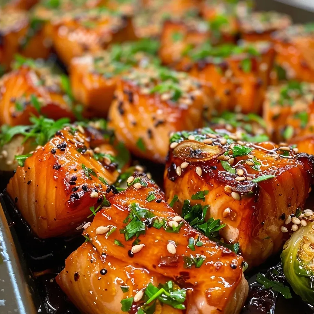 ['Close-up of Baked Honey Garlic Salmon Bites with sweet potato and Brussels sprouts, garnished with parsley and sesame seeds.', 'Juicy salmon bites glistening with honey garlic glaze, served with roasted sweet potato and halved Brussels sprouts.', 'A side view of golden salmon pieces alongside vibrant sweet potatoes and Brussels sprouts on a plate.', 'Freshly baked honey garlic salmon bites next to colorful roasted sweet potato cubes and Brussels sprouts, topped with herbs.']