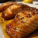 ['Close-up of a beautifully baked honey marinated cod fillet topped with herbs.', 'Side view of a juicy baked cod with a glaze of honey, showcasing a golden brown crust.', 'Succulent honey marinated cod on a plate, glistening with a sweet and savory glaze.', 'Detailed shot of baked cod with honey marinade, emphasizing the flaky texture and garnishes.']