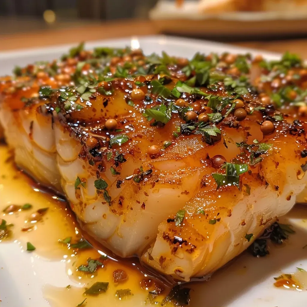Close-up of a beautifully baked honey marinated cod fillet topped with herbs.