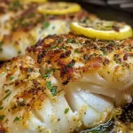 ['Close-up view of a baked lemon herb cod fillet on a white plate.', 'Side angle of juicy baked cod garnished with herbs and served with rice pilaf.', 'Cooked lemon herb cod with a golden exterior, accompanied by rice pilaf.', 'Detail shot of flaky baked cod, showcasing herbs and a lemon wedge.']