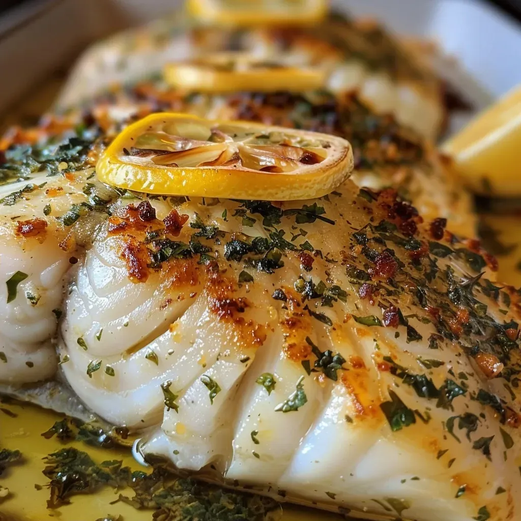 Close-up view of a baked lemon herb cod fillet on a white plate.