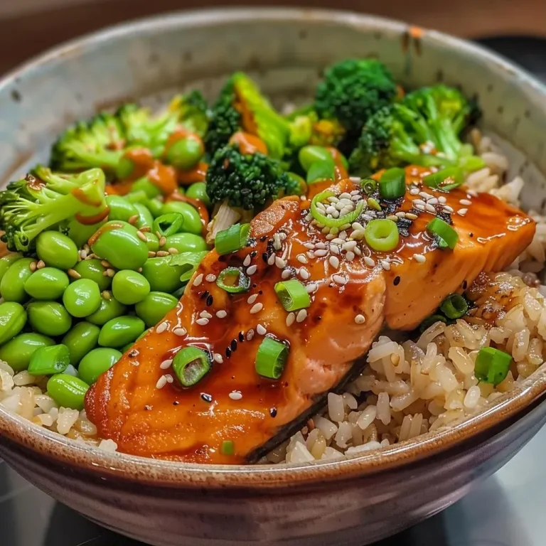 ['Close-up side view of a Baked Teriyaki Salmon Bowl with vibrant vegetables.', 'Juicy salmon fillet atop a bed of brown rice, garnished with broccoli and edamame.', 'Colorful Baked Teriyaki Salmon Bowl featuring sesame seeds and green onions.', 'Delicious meal showcasing salmon, rice, and fresh veggies in an appealing arrangement.']